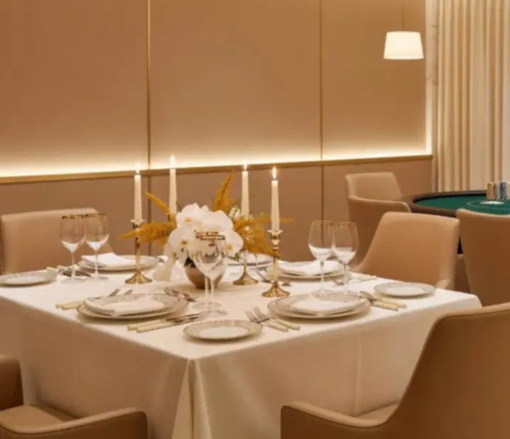 Overview of a luxury offline poker card lounge integrated with fine dining tables