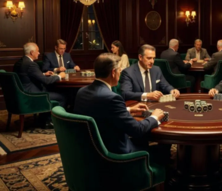 Luxury offline poker lounge with custom poker tables and ambient crystal lighting