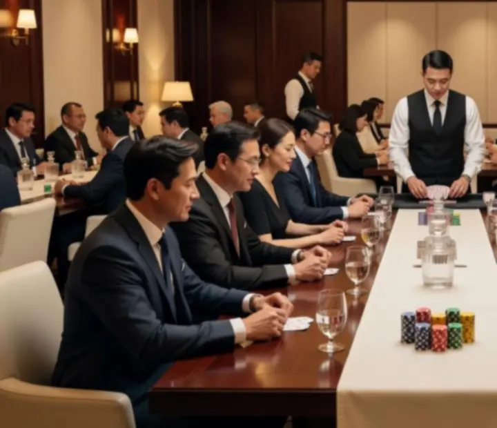 Corporate card room gala with poker tables and canapés