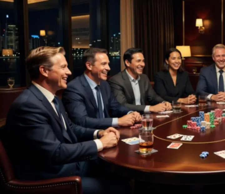 Corporate guests enjoying social poker and dining in a modern Australian poker lounge.