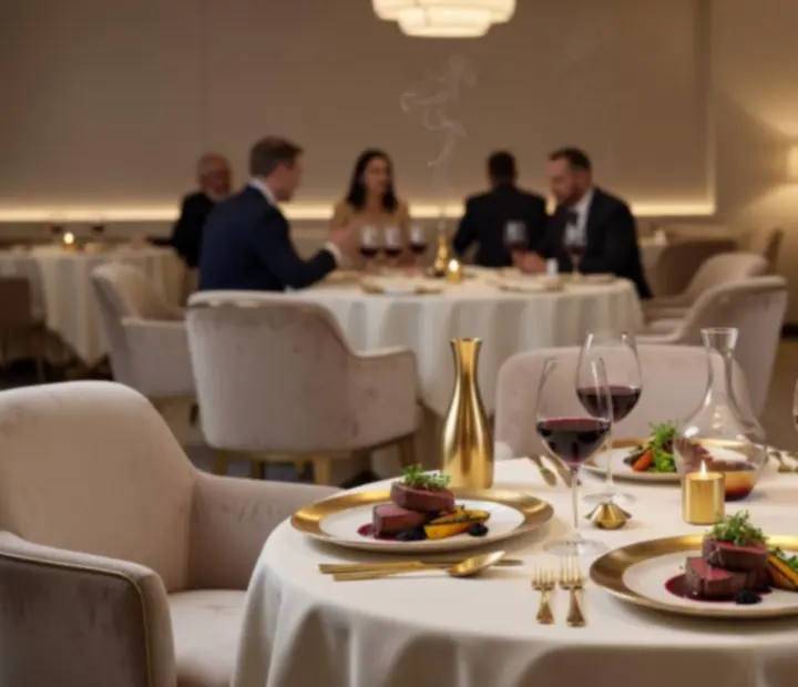 Fine-dining plates and wine service beside a softly lit poker table