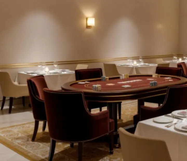 Dining table and offline poker lounge with custom poker tables and ambient lighting