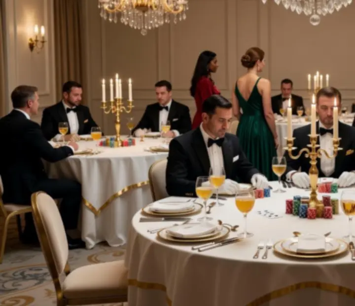Editorial view of an offline poker gala with candlelit dining tables and custom poker tables at Thejes Tertable.