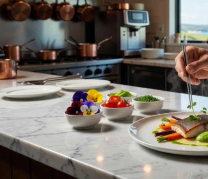 Chef plating a gourmet dish designed to complement the atmosphere of the poker lounge.