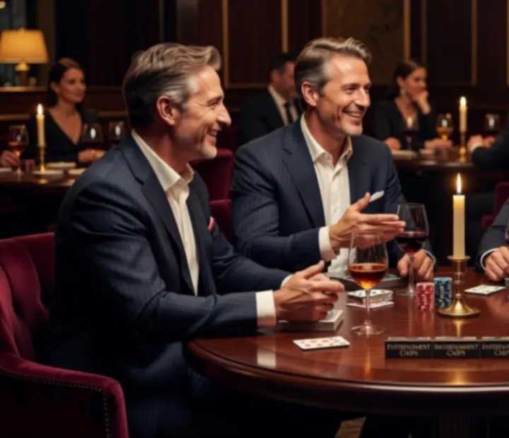 Guests enjoying a refined offline poker lounge with fine dining