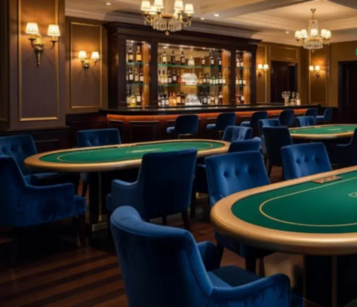Luxury offline poker lounge with custom poker tables and fine dining seating