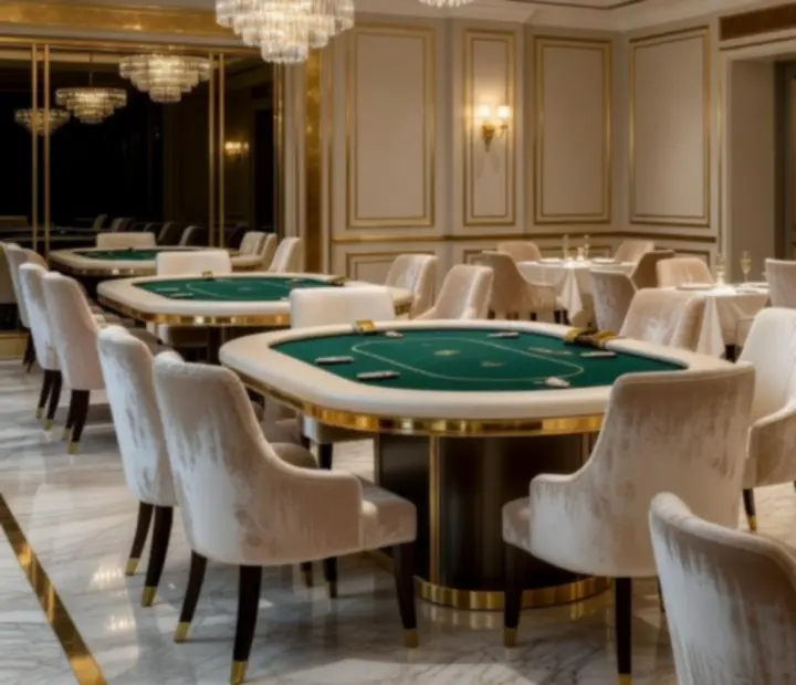 Luxury card room interior with custom poker tables and refined dining settings