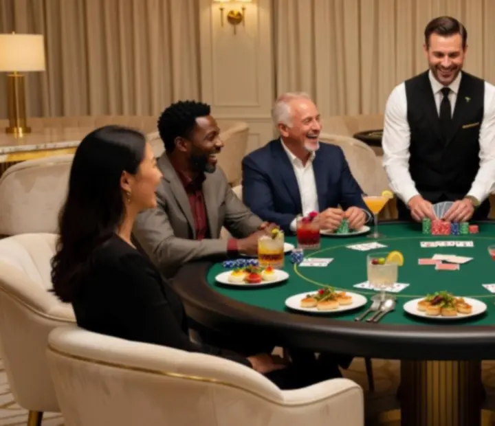Friends enjoying a luxury social poker night with dining
