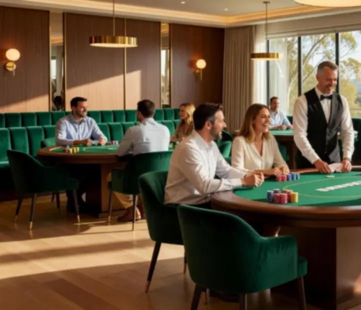 Signature offline poker lounge with custom poker tables and professional dealers