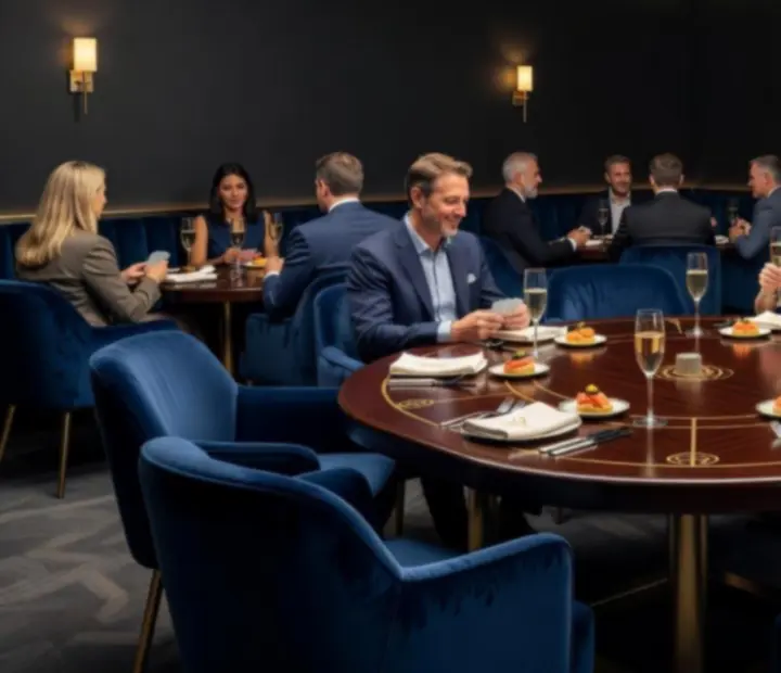 Signature offline poker lounge private table setup with gourmet dining