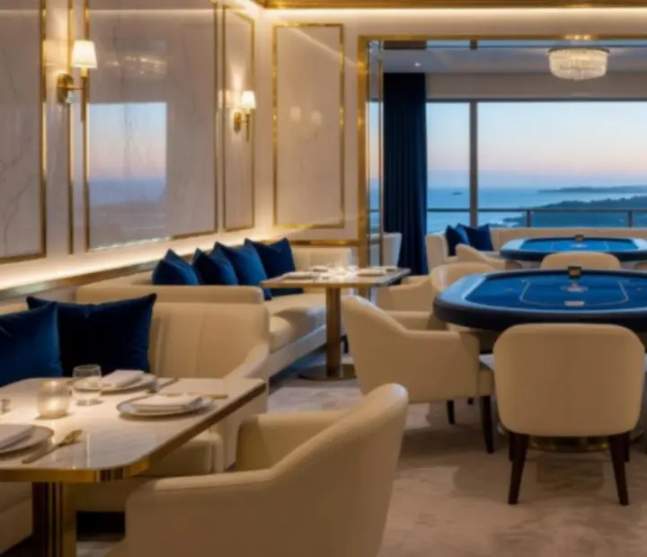 Luxury venue ambience with warm lighting, plush seating and gold accents